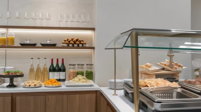A medium closeup shot of a buffet area featuring a variety of gourmet snacks and beverages with neatly arranged glassware and minimalist decor elements.