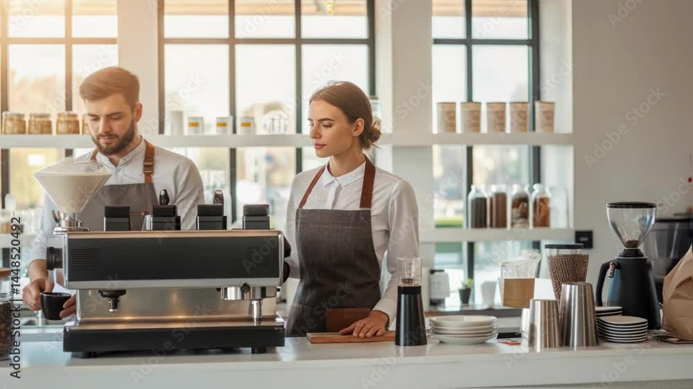 Poster a medium closeup showing a cheerful barista station with an espresso machine where staff prepare spe