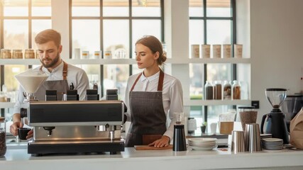 A medium closeup showing a cheerful barista station with an espresso machine where staff prepare specialty coffee drinks in an inviting atmosphere filled with natural light.
