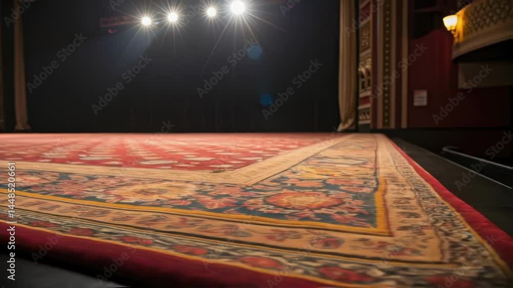 Poster a medium closeup view of a stage with a newly laid plush carpet rich in color and texture where a sp