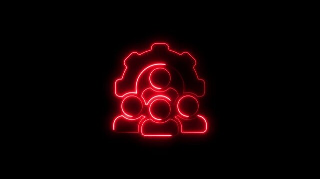 Glowing neon red teamwork gears with people icon on black background