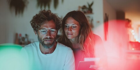 Collaborative Financial Planning for Millennials Intimate Home Office Tech Workflow with Soft Lighting, Showcasing Modern Couples Shared Digital Strategy and Collaborative Decision-Making