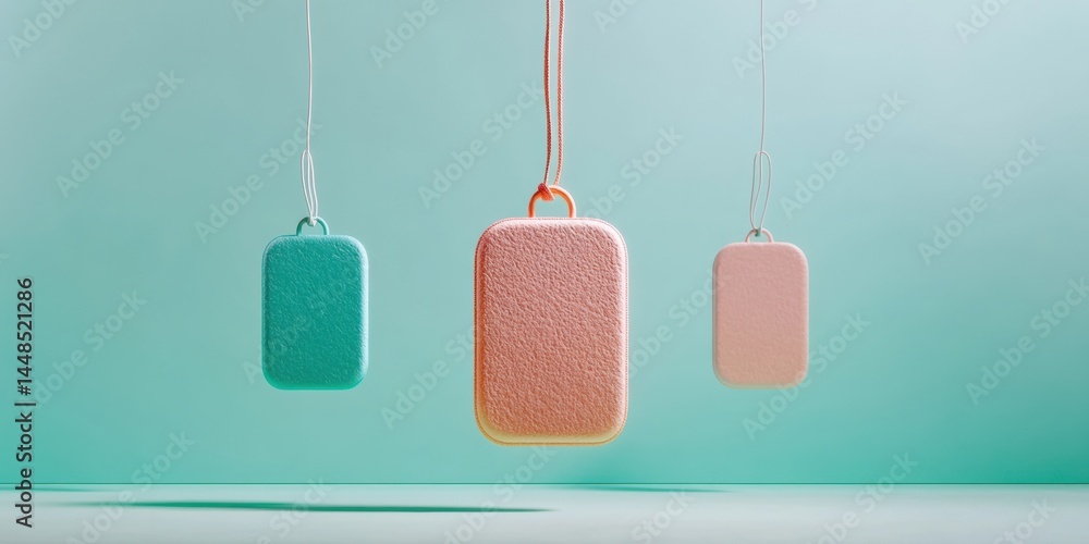 Poster minimalist e-commerce pricing visualization pastel luggage tags floating in clean digital space - in