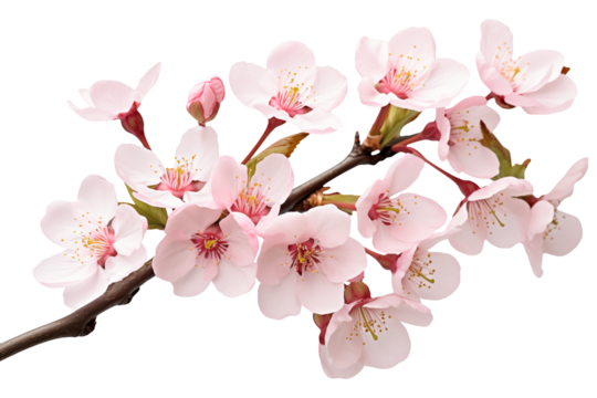 Branch of blooming cherry tree with delicate pink flowers isolated on transparent background.