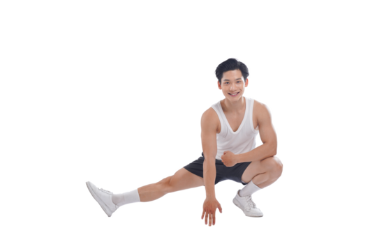 Portrait of muscular Asian man in sportswear working out on white background