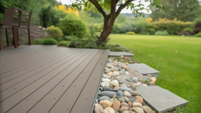 An image of a freshly installed ecofriendly composite decking material showing its textured surface contrasting with natural stones underneath with insects flitting around.
