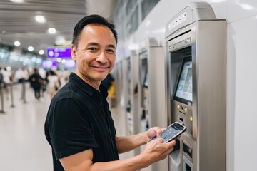 Smiling Asian man using a ticket machine at a modern station entrance.