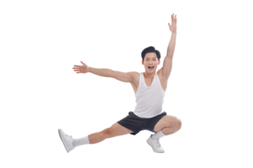 Portrait of muscular Asian man in sportswear working out on white background