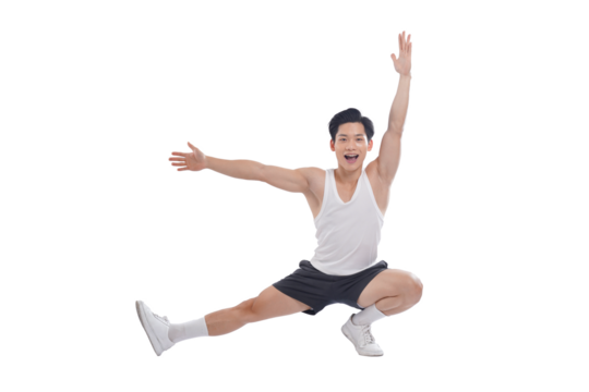 Portrait of muscular Asian man in sportswear working out on white background