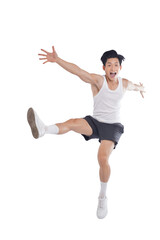 portrait of muscular asian guy in sportswear high jump posing on white background