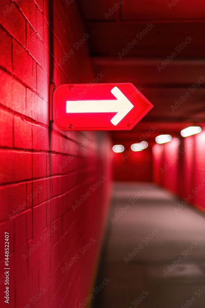 Poster minimalist emergency wayfinding high-contrast neon red exit sign in urban architectural space - crit