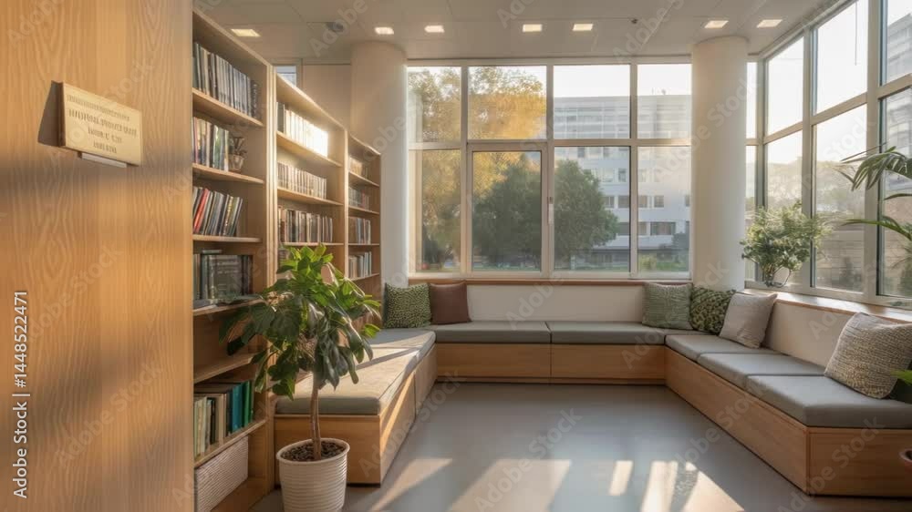 Aufkleber A section of the cafeteria displaying sunlight streaming in through large windows illuminating a cozy reading nook with soft seating bookshelves and natural plants.