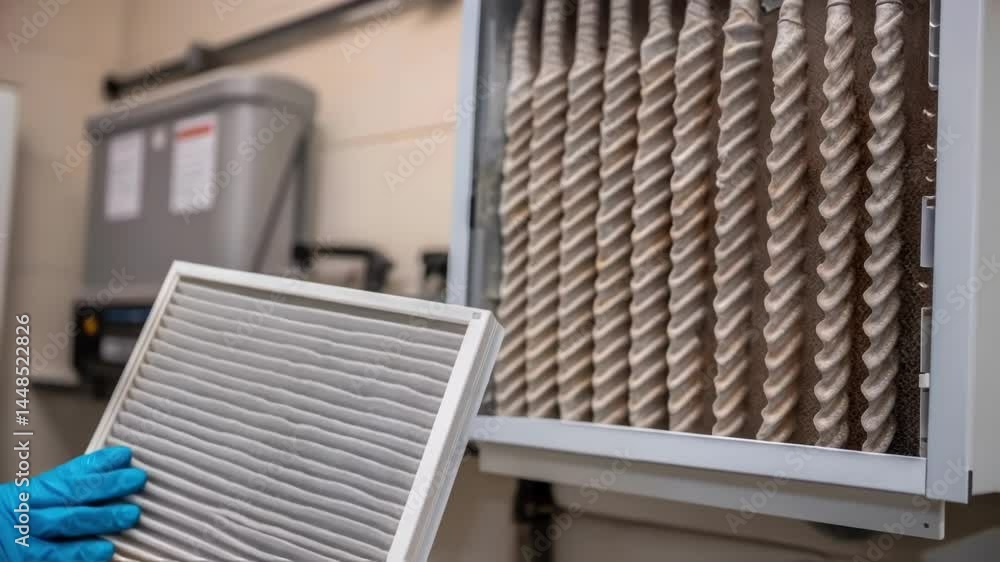 Aufkleber A technicians gloved hand adjusting an air filter in a mounted unit emphasizing the routine maintenance necessary for effective climate control.
