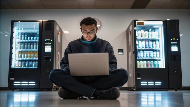 A technician sitting crosslegged in front of a vending machine engrossed in programming a new inventory system with a laptop perched nearby.