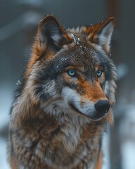 Fototapeta premium Snow-kissed wolf portrait with alert expression and frosty background scene high resolution photo