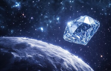 Obraz premium Diamond in Space, Cosmic Jewel, Orbiting Planet, Celestial Gemstone, for a poster or wallpaper