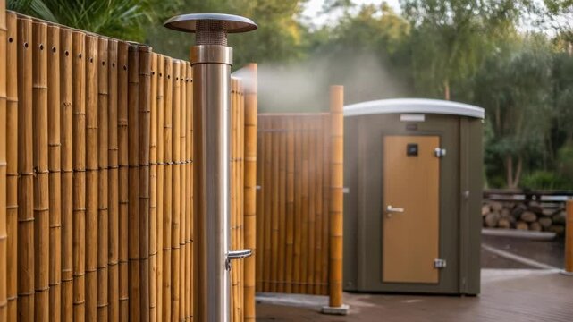 Closeup of a heated outdoor shower adjacent to the restroom designed for afterpark activities complete with bamboo fencing for privacy and a rainwater collection system.