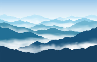 Vector panoramic landscape with blue misty silhouettes of mountains and clear sky	