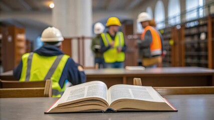 Closeup of a library patron briefly pausing their reading to observe the installation process highlighting the interaction between construction and daily library life. - Powered by Adobe