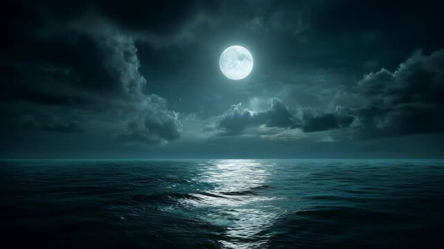 Glowing full moon reflects on ocean water under dramatic cloudy night sky creating a tranquil scene