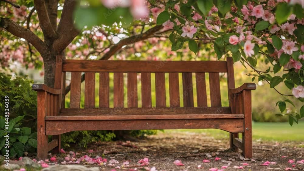 Poster Closeup of a rustcolored wooden bench nestled under a flowering tree offering a peaceful spot for visitors to relax and connect with nature.