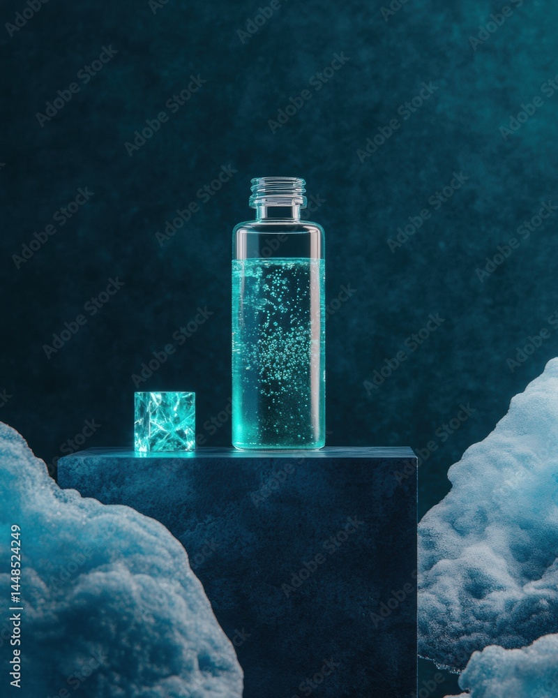 Poster ethereal tech hydration luminescent liquid wellness bottle with immersive cloud computing aesthetic 