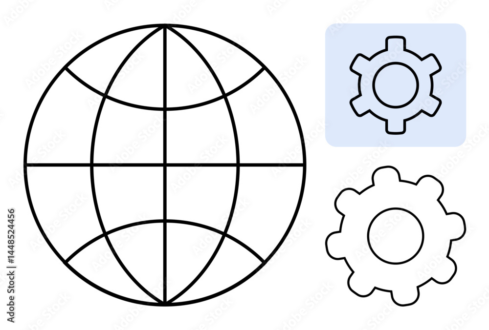 Poster globe grid symbolizing global connection alongside two gear settings conveying functionality and opt