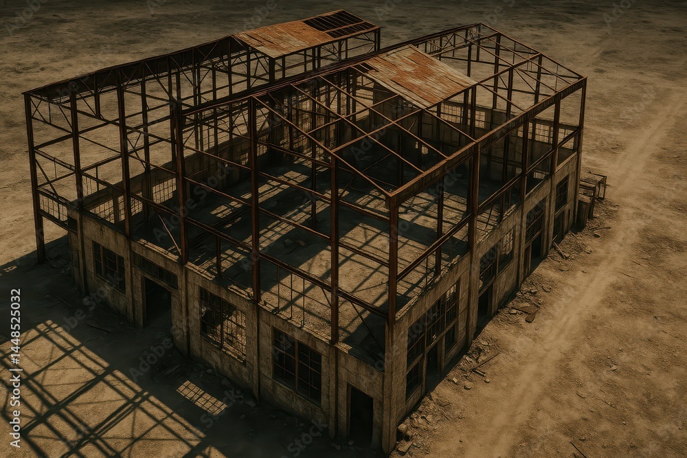 Poster aerial view of abandoned factory with rustic structures and shadows
