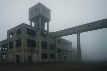 Foggy Factory Landscape with Abandoned Structure and Dreamy Atmosphere