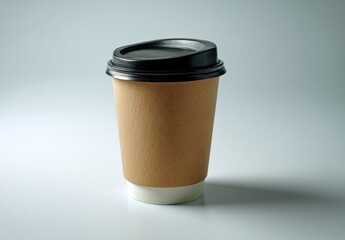 Disposable coffee cup with lid on a gray surface, minimalist style.