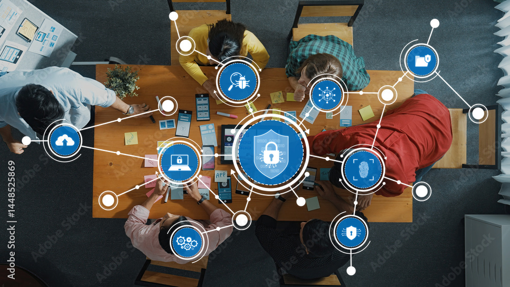 Poster an overhead view of a diverse team collaborating on cybersecurity strategies. the scene shows device