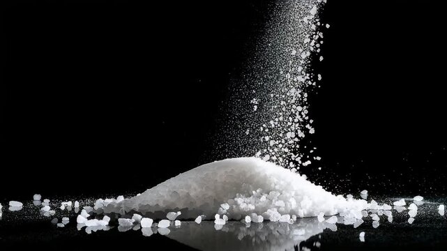 Close-up shot of pouring salt onto a pile of salt, with a deep black background