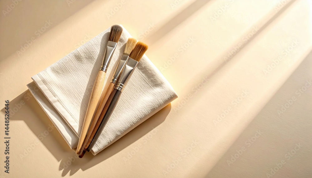 Poster artistic creation paint brushes on a cloth studio setting photography soft lighting close-up view ar