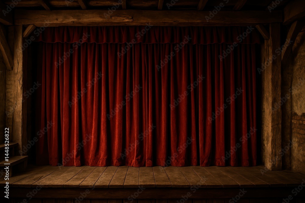 Poster rustic stage setting with red curtain in a simple design