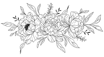 Peony Line Art. Trendy floral peony bouquets and flowers. Botanical Line Drawing Peony Collection. Hand drawn line art peony flowers. Luxury Line Floral Art. Peony Outline
