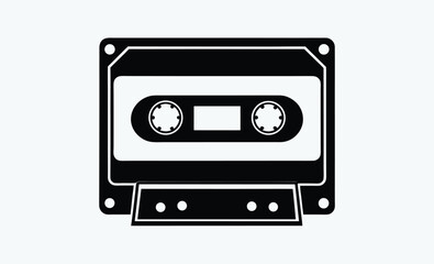 Cassette tape silhouette, retro audio icon, vintage music media, black tape illustration, old school cassette design