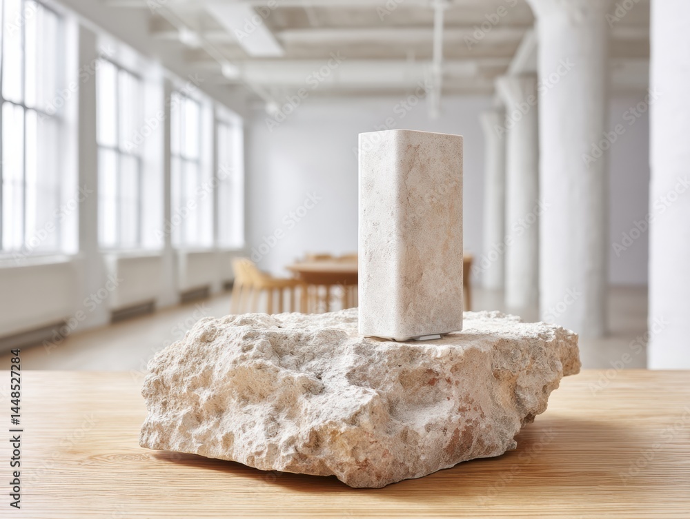 Leinwandbilder Minimalist Tech Meets Raw Materiality Sleek Router Positioned on Textural Stone Pedestal - Cutting-Edge Home Networking in Scandinavian-Inspired Spatial Design