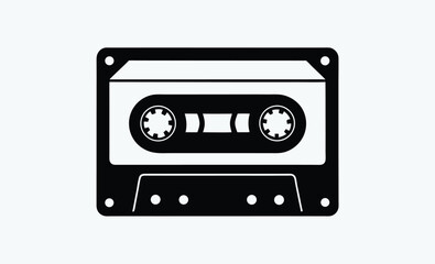 Cassette tape silhouette, retro audio icon, vintage music media, black tape illustration, old school cassette design