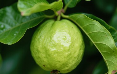 Fototapeta premium charming guava fruit with green leaves when the sun shines 