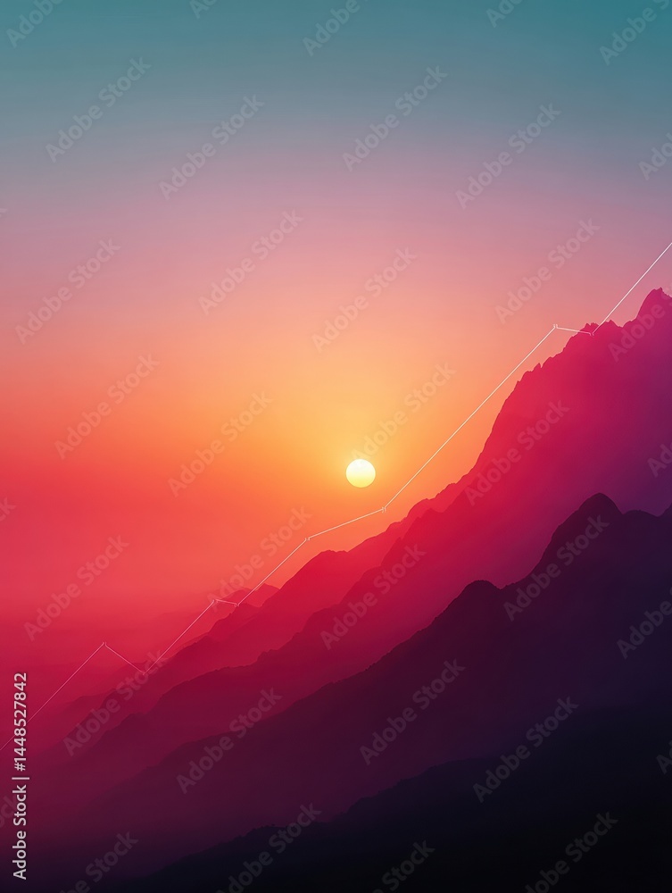 Poster Gradient Mountain Sunrise Ethereal Digital Landscape Showcasing Minimalist Design Trends in Immersive Visual Experience for Tech and Creative Industries