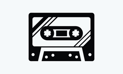 Obraz premium Cassette tape silhouette, retro audio icon, vintage music media, black tape illustration, old school cassette design