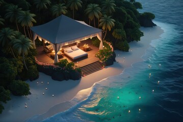 Secluded villa with romantic candlelit dinner on the sand, rose petals leading to a four-poster bed with flowers decorating, bioluminescent waves at night, drone view of a tiny island in an emerald oc
