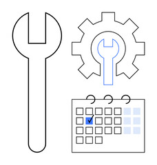 Wrench and gear represent tools and maintenance, with a calendar indicating scheduled tasks. Ideal for planning, productivity, organization, repair, engineering, maintenance, flat simple metaphor
