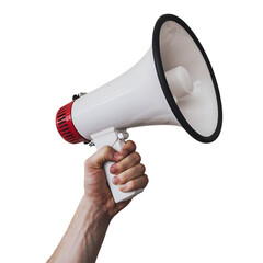Human hand holding Mega phone isolated on transparent background
