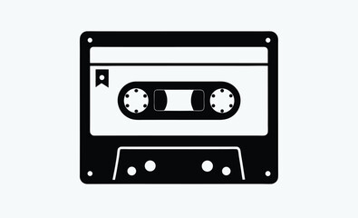 Cassette tape silhouette, retro audio icon, vintage music media, black tape illustration, old school cassette design