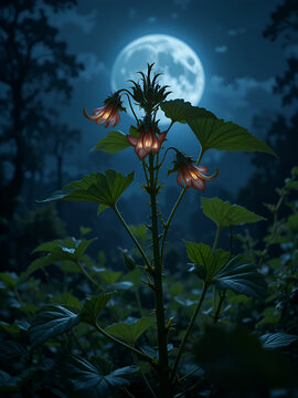 A deadly nightshade plant glowing eerily under the light of a full moon