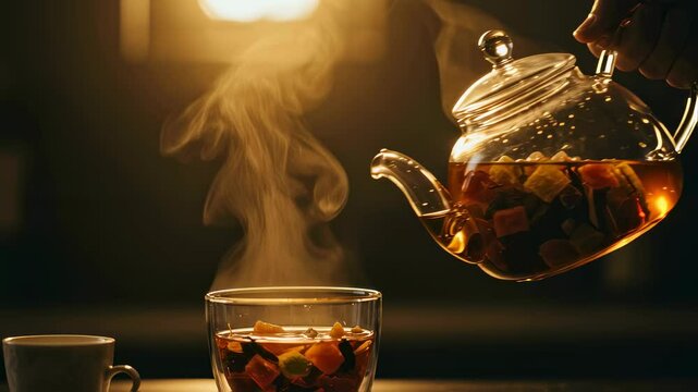 Hand pouring hot fruit tea from glass teapot into cup. Herbal drink with steam, close up. Healthy lifestyle concept for tea shop, cafe, restaurant.