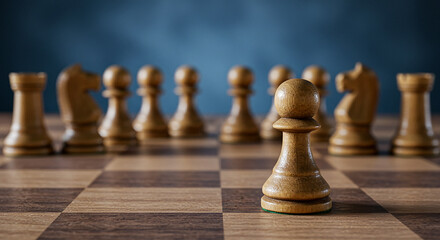 Single wooden chess pawn positioned in foreground on checkered chess board with row of pawns blurred in background against dark blue backdrop. Strategic positioning, leadership, or forward thinking 