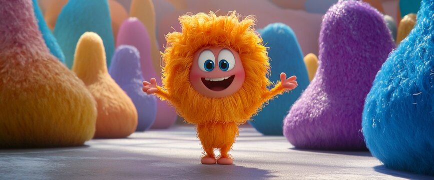Fluffy orange creature with joyful expression surrounded by colorful fuzzy shapes