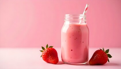sweet and tasty smoothie in glass bottle with straw near red strawberry on pink